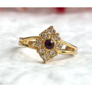 Art Deco Faux Garnet Gemstone Gold Toned Costume Jewelry Vintage Ring - sz 8